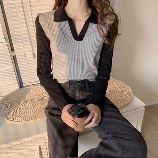 Áo len croptop phối màu cổ sơmi bẻ xinh xắn