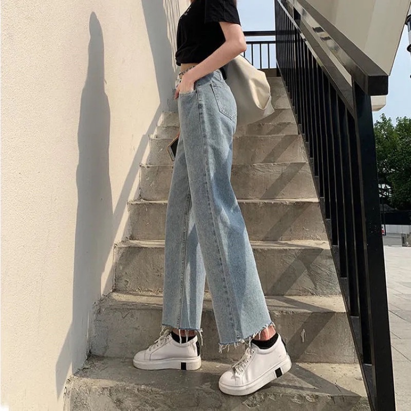 Quần Jean Denim Nữ Màu Xanh Basic Tua Gấu Cạp Cao Ống Suông Phom Đứng Phong Cách Ulzzang Dễ Phối Đồ Đủ Size Loại 1
