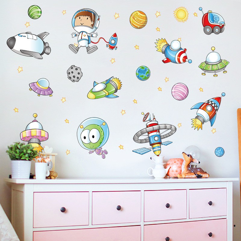 Decal trang trí cho bé dán tường hình các phương tiện du hành vũ trụ kích thước 100x75cm