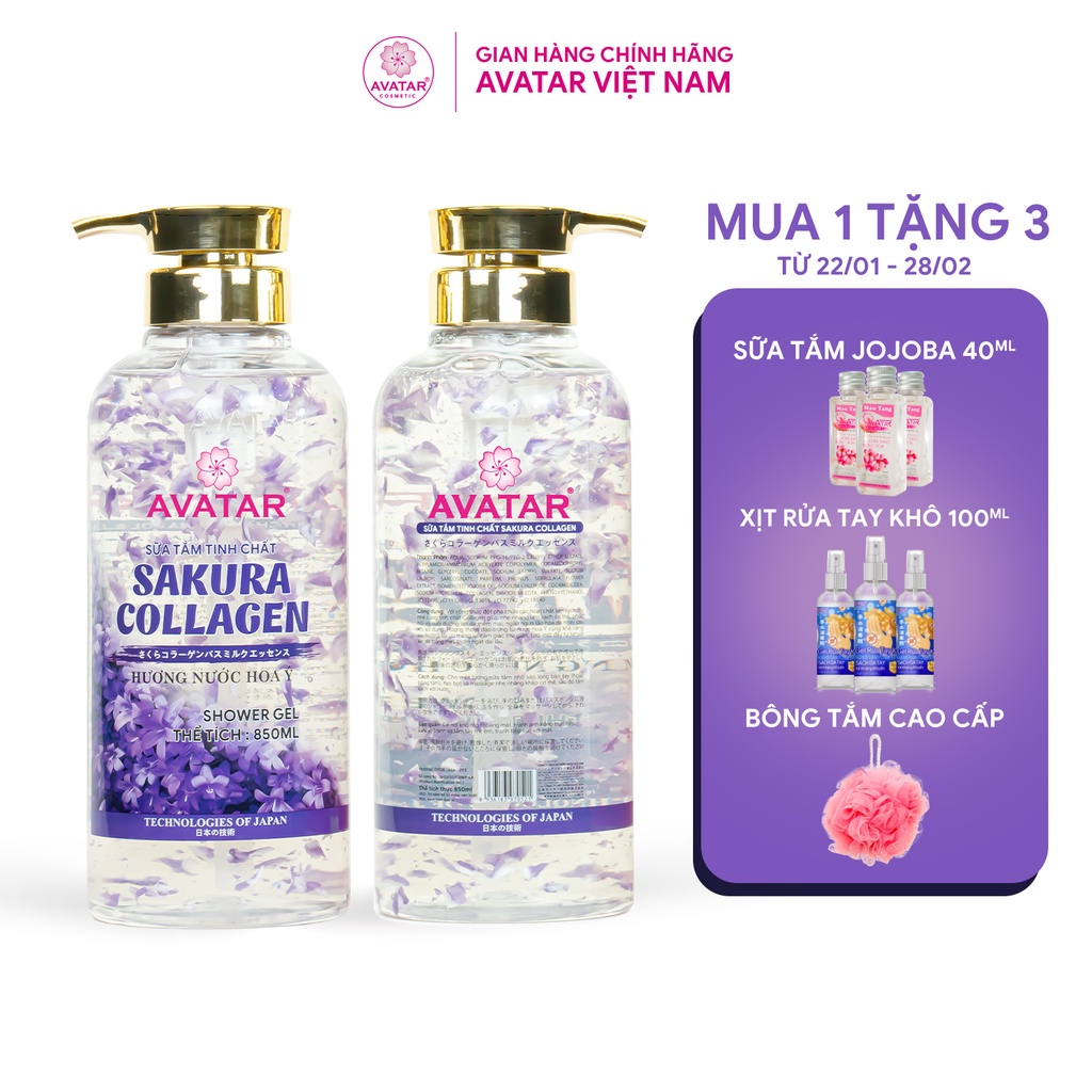 Sữa Tắm Sakura Avatar Tinh Chất Collagen Hương Nước Hoa Ý Phục Hồi Da , Chống Lão Hóa, Trắng Da 850ml (Hoa Tím)