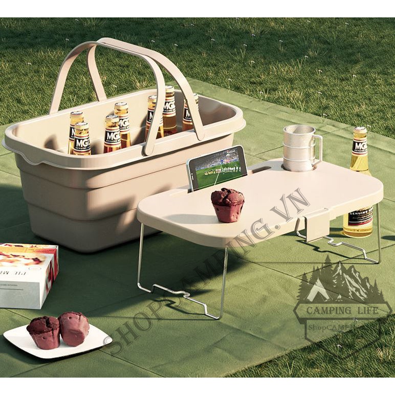 Giỏ nhựa gấp gọn, thùng đựng đồ kèm mặt bàn du lịch, cắm trại dã ngoại - Camping VietNam