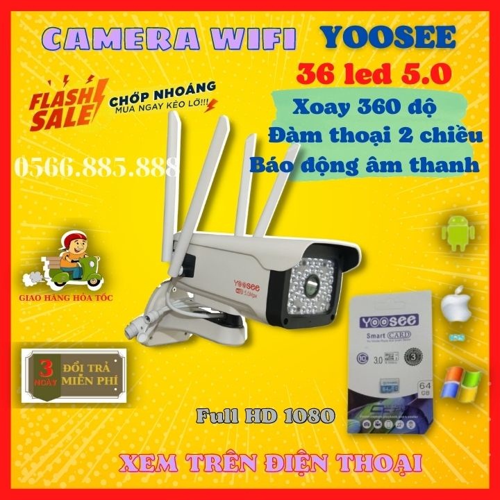 Camera yoosee ngoài trời 4 râu, 20 đèn,xoay 360°,đàm thoại 2 chiều - Camera yoosee ban đêm có màu | BH 12 Tháng