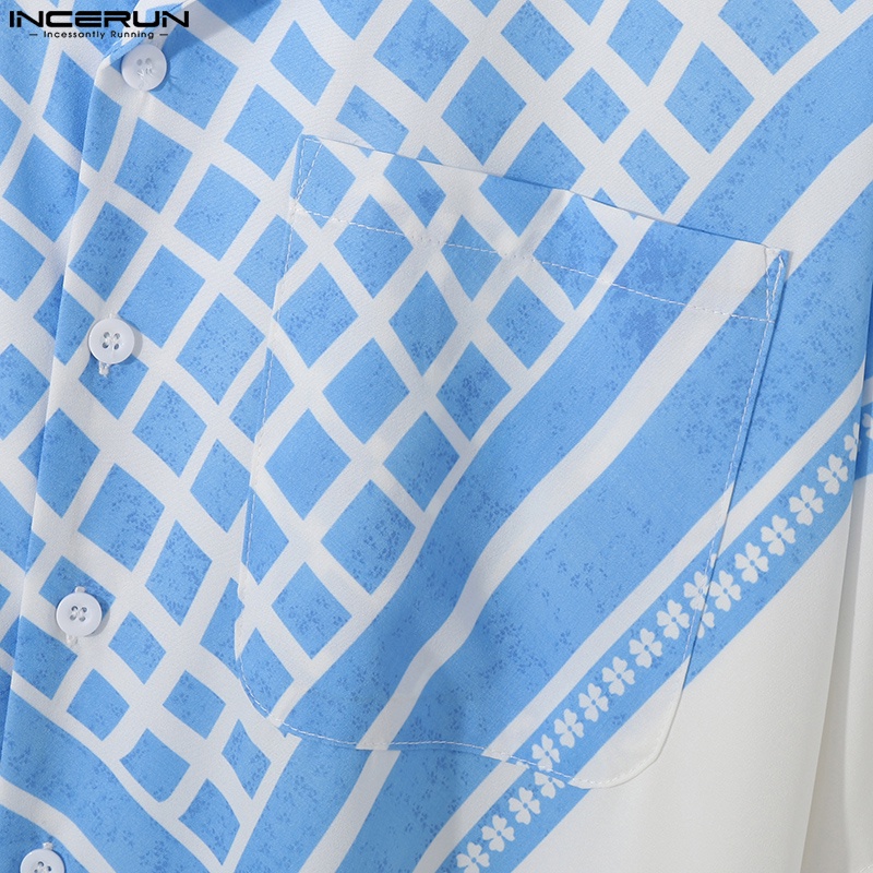 Áo sơ mi INCERUN tay ngắn cài nút họa tiết caro màu xanh dương thời trang cho nam