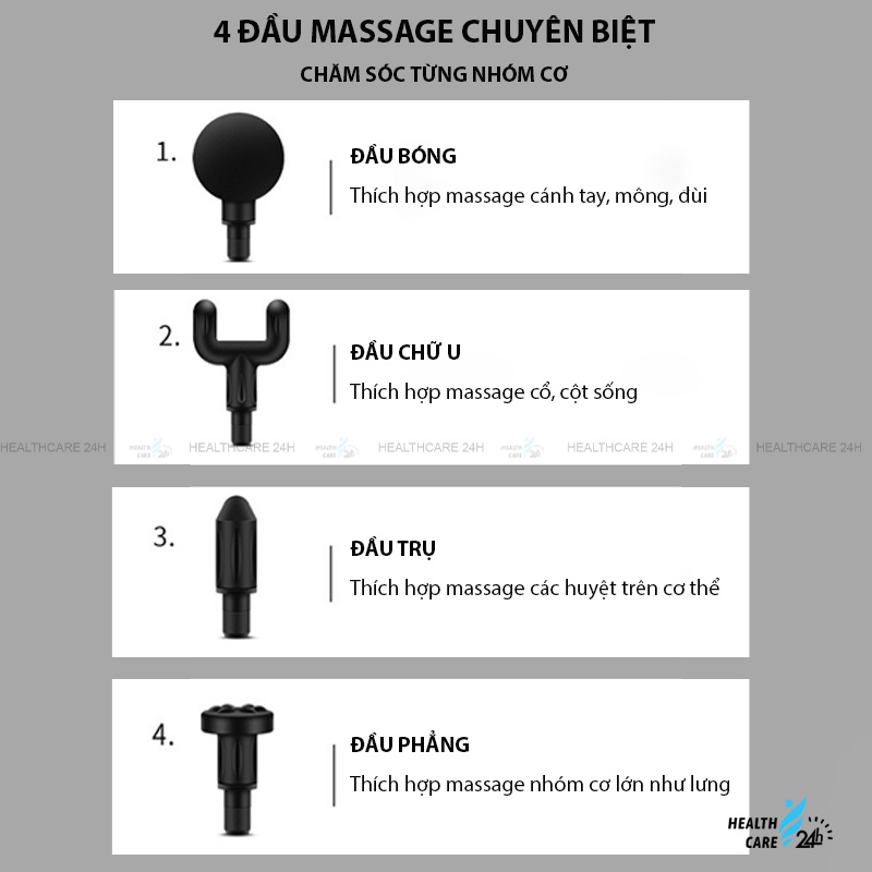 Súng massage Fascial gun cầm tay 4 đầu 6 chế độ, Healthcare24h N001_01, đấm bóp chuyên sâu, giảm đau nhức toàn thân