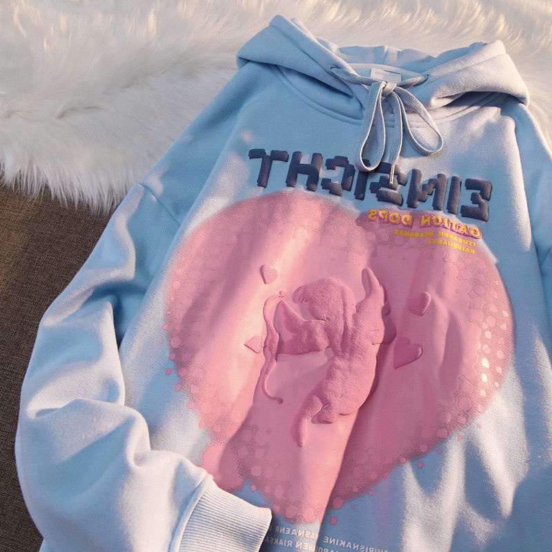 Áo hoodie chui đầu tay dài in hình trái tim thiên thần cao cấp cho nữ 2021