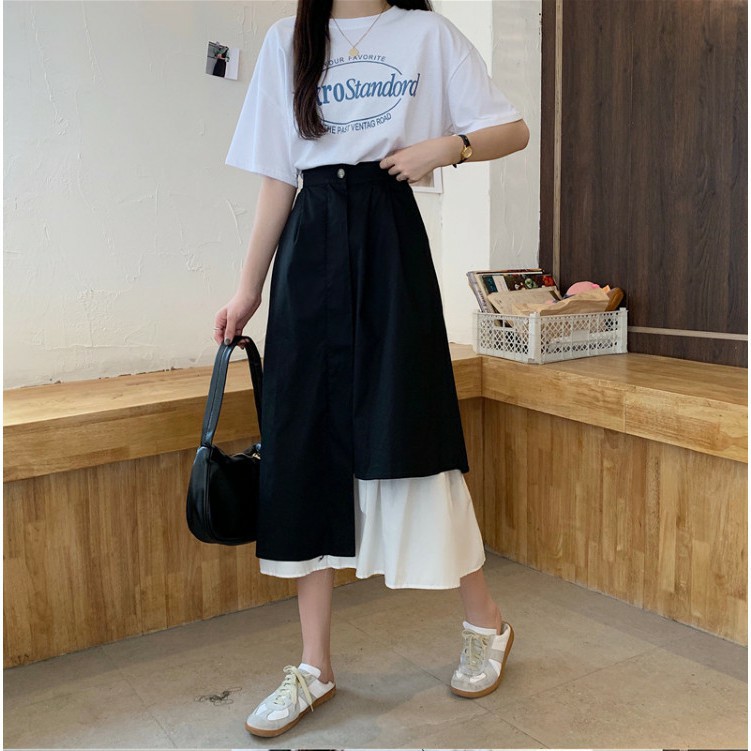 Chân váy dài, chân váy phối màu cạp cao ulzzang Hàn Quốc - Chân váy nữ ulzzang vải voan dày xòe vạt lệch phối đen trắng | BigBuy360 - bigbuy360.vn