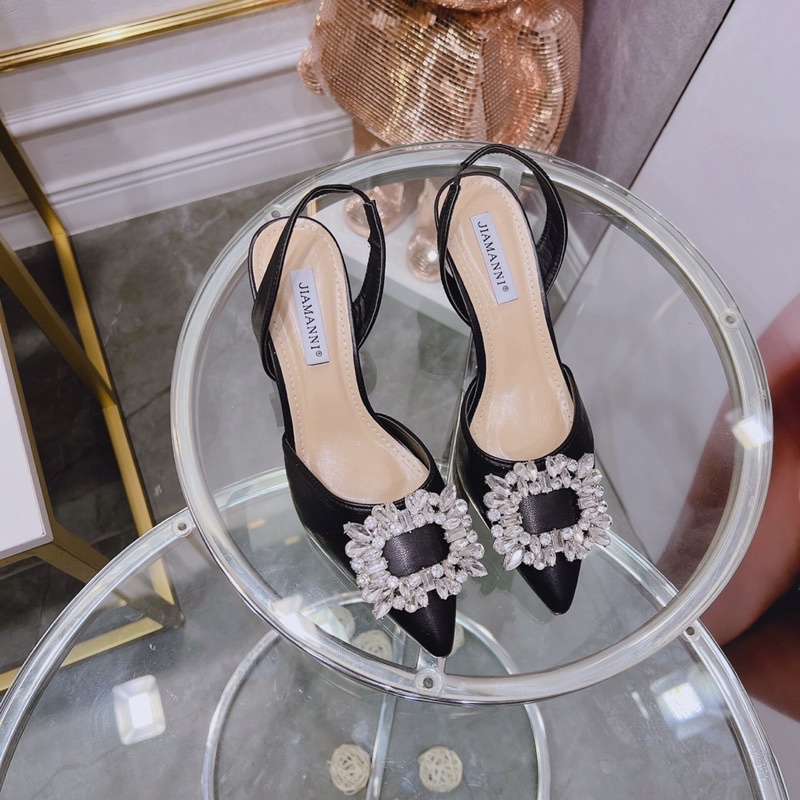 Giày sandal cao gót nữ mũi nhọn da lì tag đá vuông trắng gót nhọn 5cm
