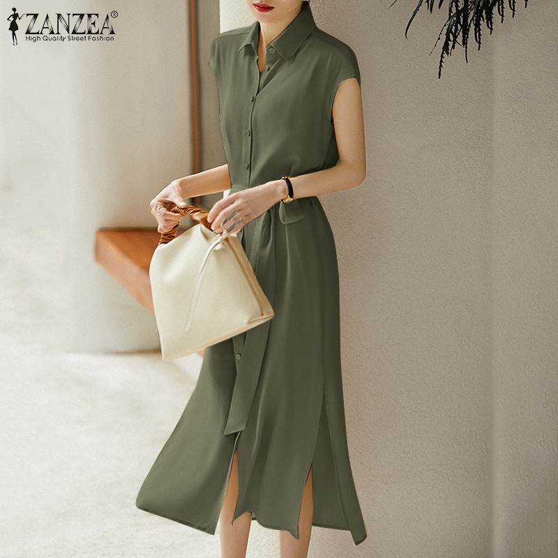 Đầm ZANZEA tay ngắn cổ bẻ xẻ tà thời trang dành cho nữ