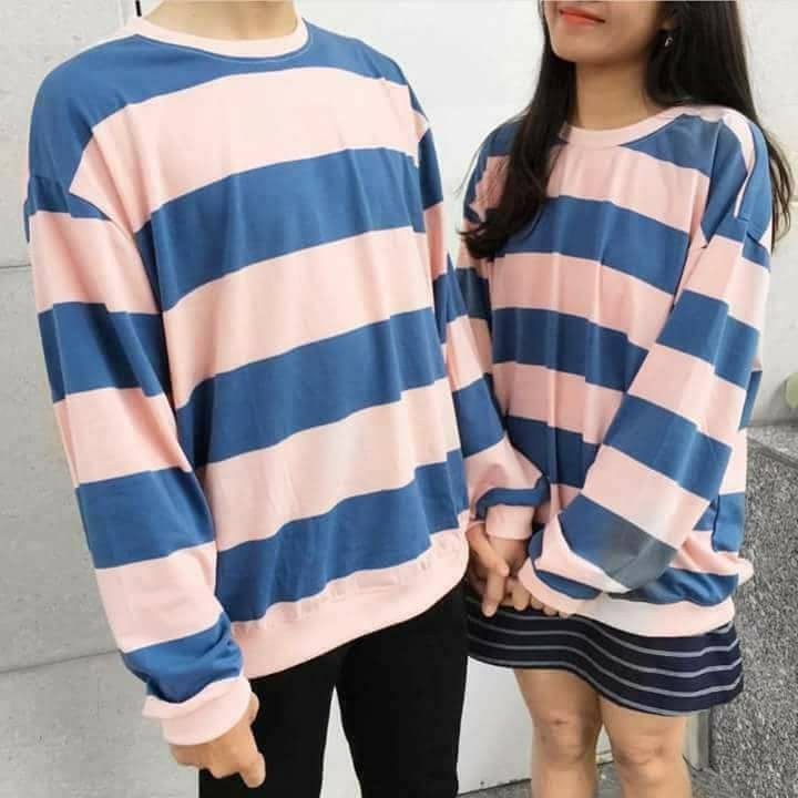 Áo Kẻ Sweater Nam Nữ Unisex Kẻ Hồng Xanh Dài Tay