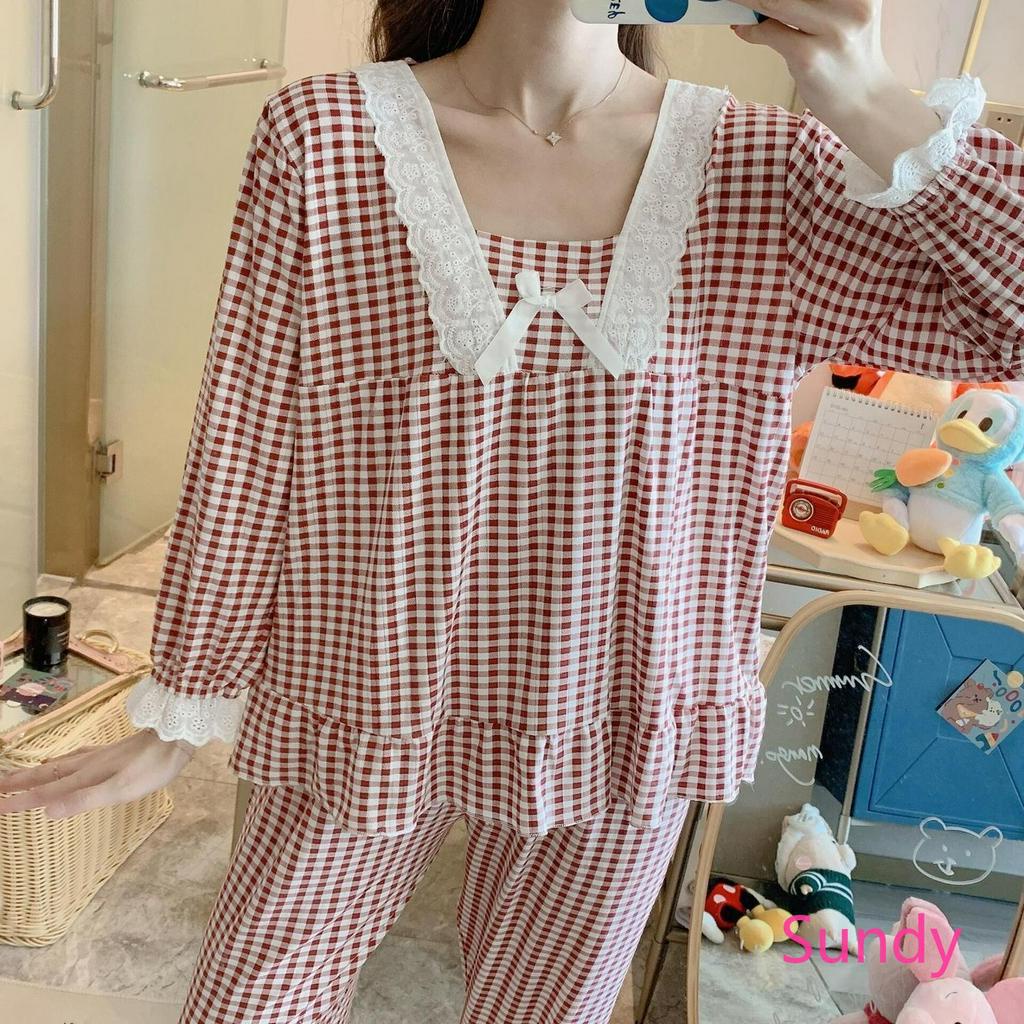 Bộ đồ ngủ tay dài kẻ sọc thời trang đáng yêu cho nữ