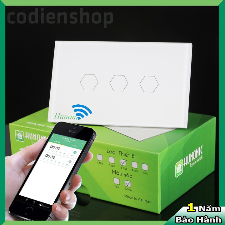 Công tắc cảm ứng [ĐIỀU KHIỂN TỪ XA] bằng điện thoại HUNONIC 3 Nút màu trắng ⚡️ WIFI + HẸN GIỜ (Công nghệ 4.0)