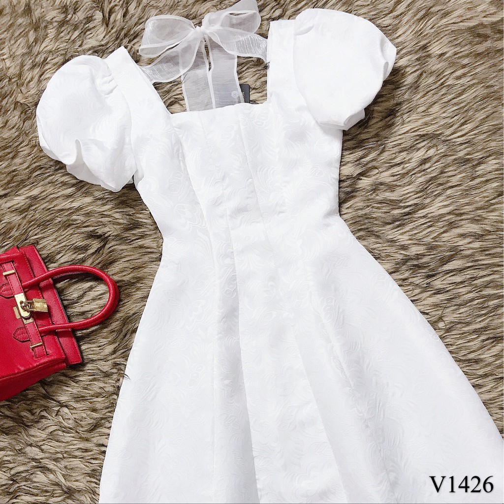Váy xòe trắng cổ chữ U V1426 - Đẹp Shop DVC (Kèm ảnh thật trải sàn do shop tự chụp)