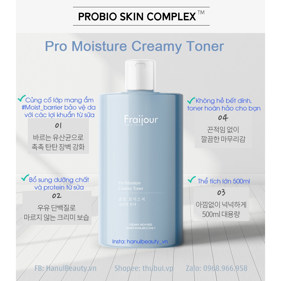 FRAIJOUR Toner Sữa Cám Gạo DƯỠNG ẨM và LÀM SÁNG DA PRO MOISTURE CREAMY TONER 500ml Hàn Quốc