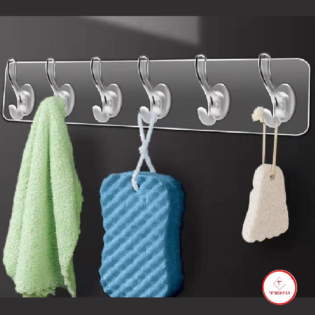 Thanh móc dán tường treo đồ quần áo chịu lực có bao chống gãy gập trong suốt siêu dính 6 móc ngang không cần khoan tường