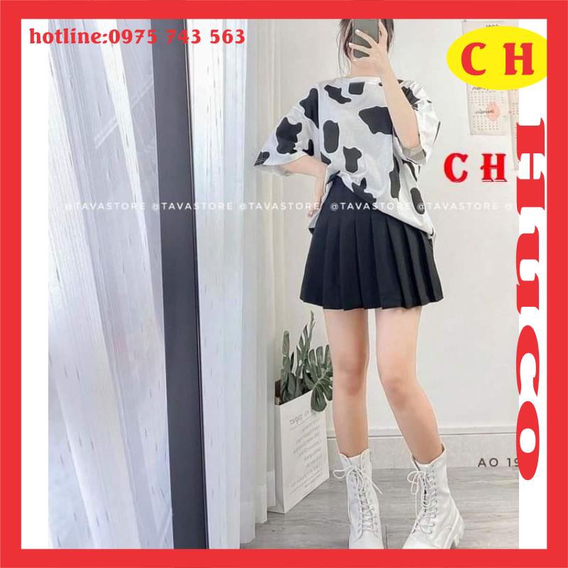 sét áo thun tay lỡ loang bò sữa chất cotton mix chân váy xếp có quần trong, sét váy nữ, đồ nữ freesize giá rẻ có tách lẻ