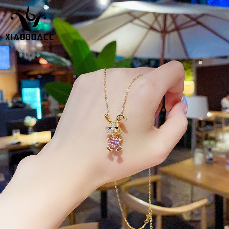 XiaoboACC Dây Chuyền Bằng Thép Titan Mặt Hình Chú Thỏ Đính Đá Thời Trang Hàn Quốc 38cm+6cm