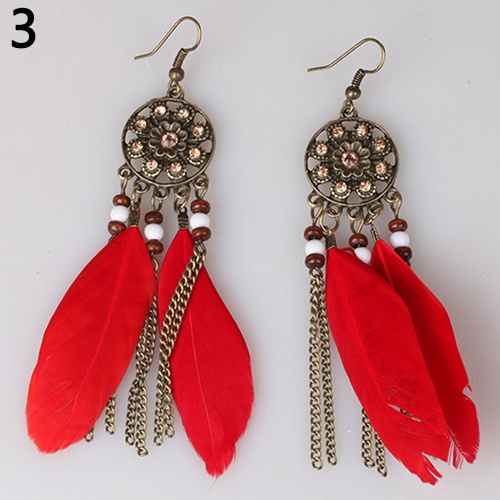 Hoa tai dạng móc phối lông vũ kiểu dreamcatcher phong cách Bohemia cổ điển cho nữ