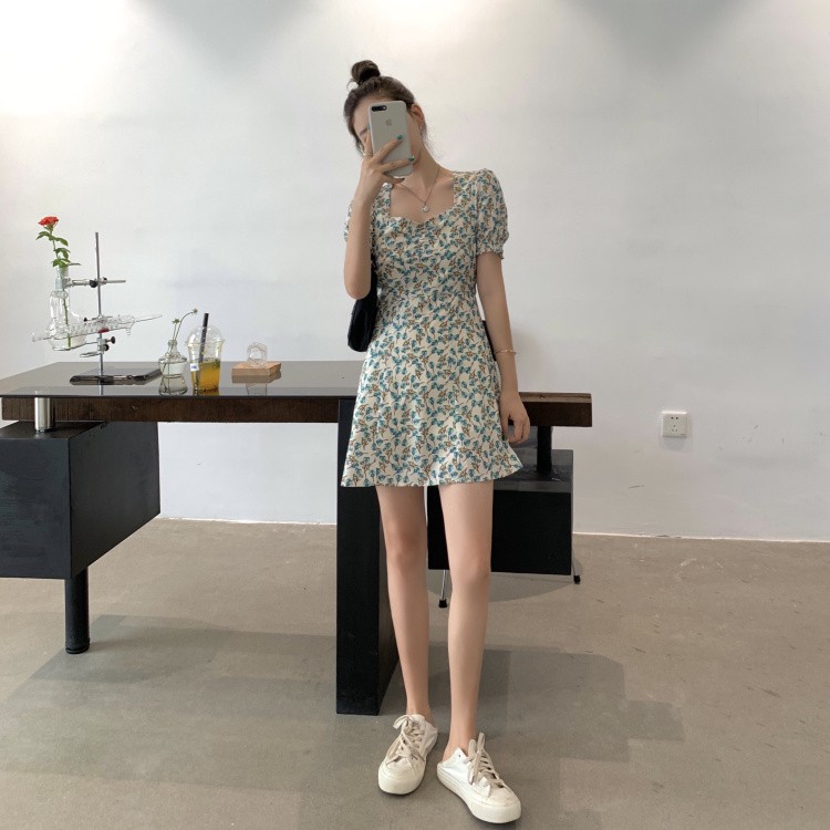 thanh lý Váy hoa nhí cổ vuông ngắn tay style vintage Hàn Quốc mùa hè