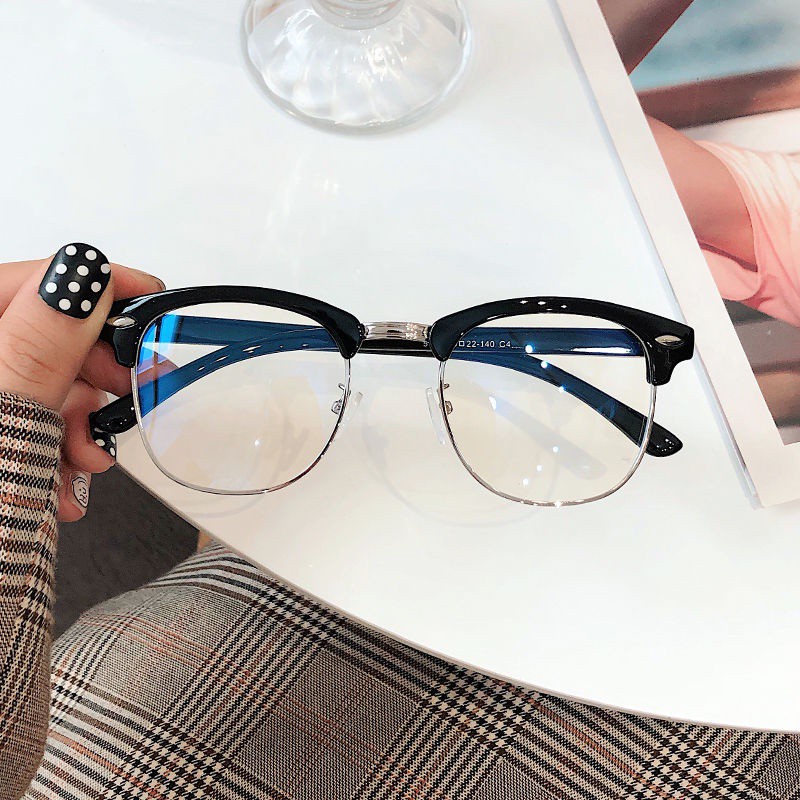 Bảo Vệ Bức Xạ Kính Cận Thị Retro Nam Triều Chiếc NỬA KHUNG Hàn Quốc Gương Phẳng Sao Màu Đỏ Với Đôi Mắt Màu Xanh