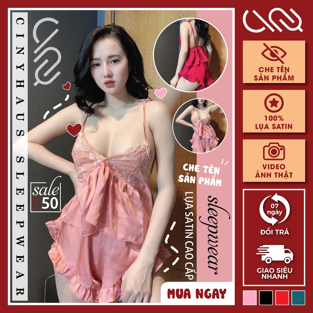 Đồ Ngủ Sexy 2 Dây Cột Vai Phối Ren Gợi Cảm Lụa Satin Cao Cấp Mặc Nhà Mềm Mịn Thoáng Mát Freesize - CN030 CINY | BigBuy360 - bigbuy360.vn