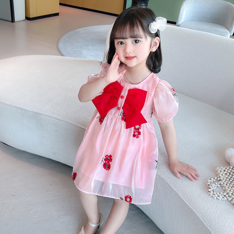 Đầm Tay Phồng Ngắn Thêu Họa Tiết Thắt Nơ Thời Trang Mùa Hè Hàn Quốc Mới Cho Bé Gái 2022