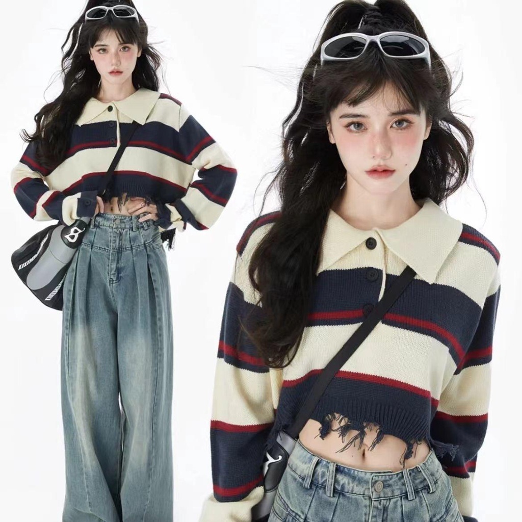 Áo Sweater Cổ polo Họa Tiết Kẻ Sọc Phong Cách Retro Mỹ Thời Trang Mùa Thu 2022 Mới