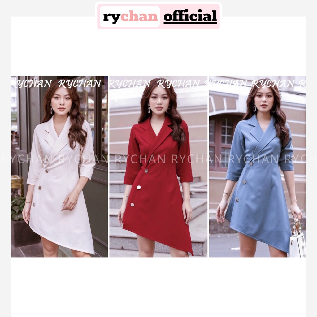 Đầm Xòe Cổ Vest Công Sở Tay Lửng Lệch Tà 3 Màu Trắng Xanh Đỏ - DX512