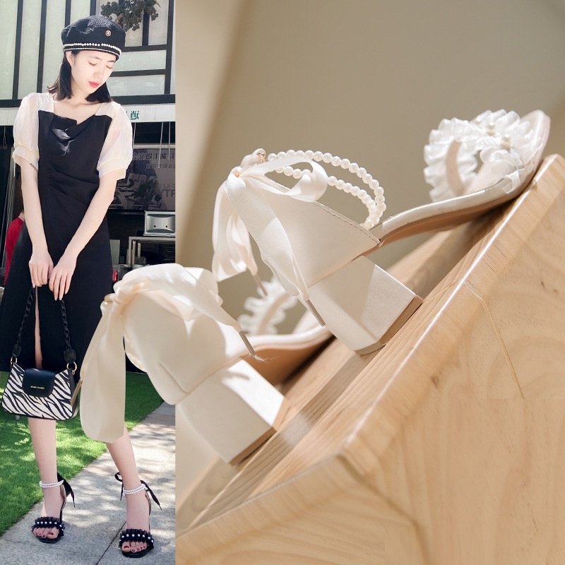 Giày sandal IELGY cao gót một dây quai ngang đính ngọc trai thoải mái thời trang Pháp cho nữ