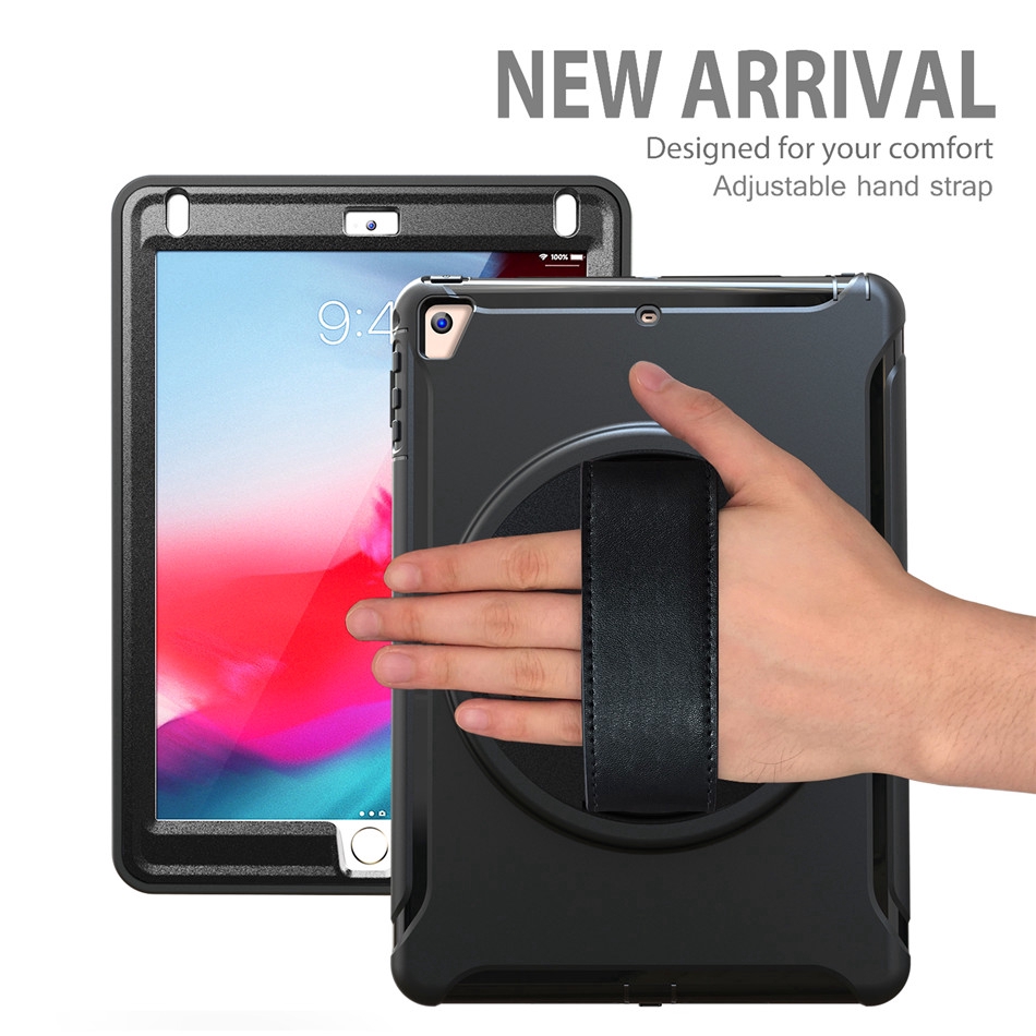 Ốp lưng cứng chống sốc có giá đỡ và dây đeo tay an toàn trẻ em cho Apple iPad 9.7 2017(2018) iPad Air 1 2/ipad pro 9.7