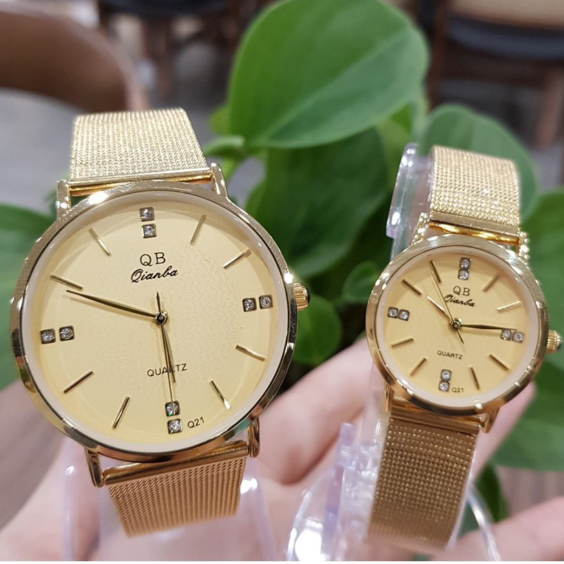FREE SHIP 99K_Đồng Hồ Cặp Đôi Nam Nữ QB Dây Lụa Vàng Sang Chảnh