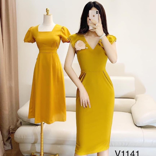 Váy body vàng cổ v thiết kế DVC