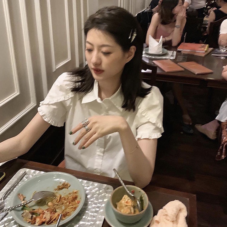 Áo Sơ Mi Tay Ngắn Phồng Màu Trắng Dễ Thương Thời Trang Mùa Hè Cho Nữ