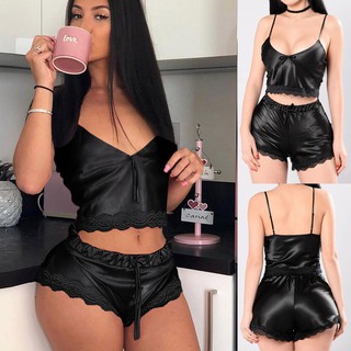 Set đồ ngủ áo 2 dây + quần short vải lụa satin phối ren thiết kế cổ V nữ tính