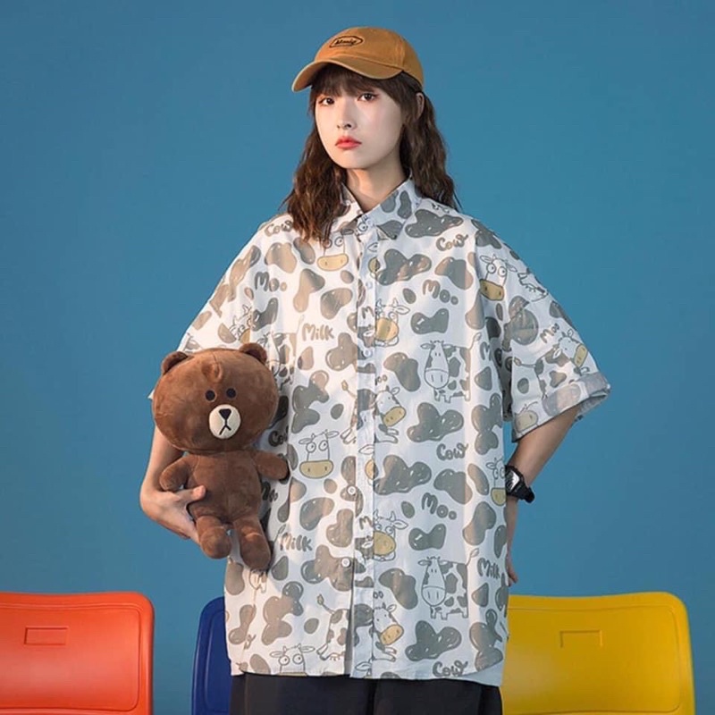 Áo Sơmi Tay Lửng Unisex Hoạ Tiết Bò Sữa