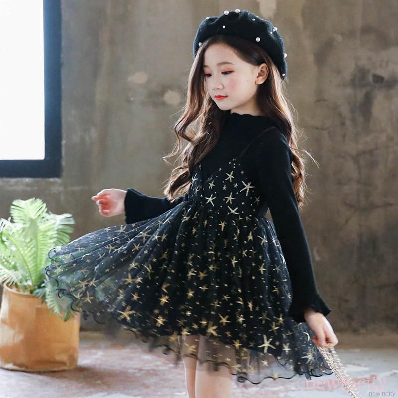 Đầm bé gái tay dài phối lưới họa tiết ngôi sao