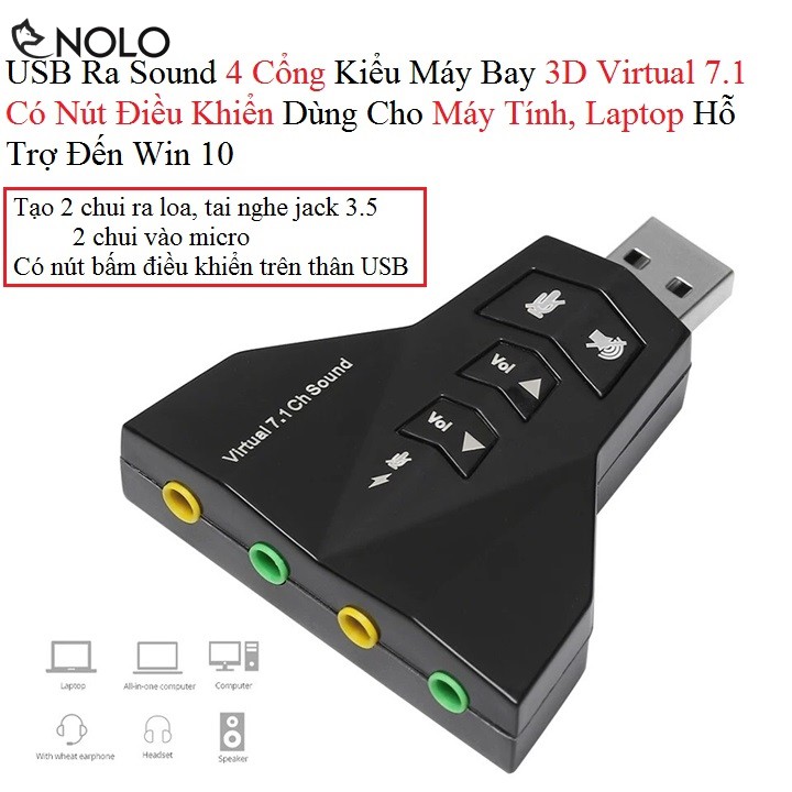 USB Ra Sound 4 Cổng Kiểu Máy Bay 3D Virtual 7.1 Nút Điều Khiển Dùng Cho Máy Tính, Laptop Hỗ Trợ Đến Win 10