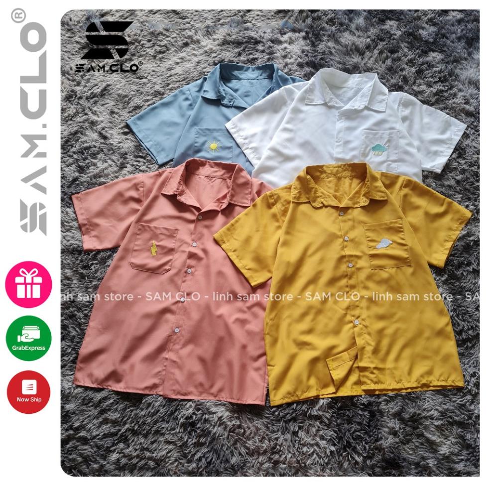 Áo sơ mi nữ SAM CLO cổ bẻ tay ngắn có túi - lỡ ulzzang form freesize dáng rộng unisex mặc cặp, nhóm, couple HÌNH THÊU !