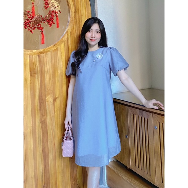 Đầm bầu dáng suông tay lụa bo phồng Stella Dress