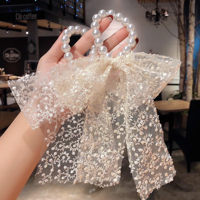 Dây Buộc Tóc Đính Nơ Ren Và Ngọc Trai Xinh Xắn Cho Nữ