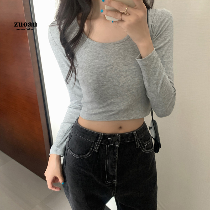 SUXI Áo thun dài tay cổ tròn nhiều màu sắc thời trang nữ đơn giản