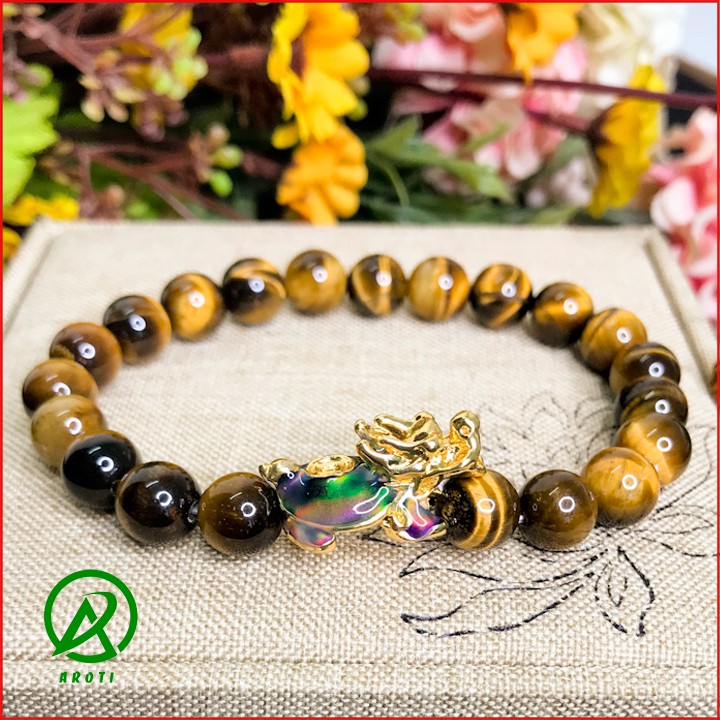 Vòng Tay Phòng Thủy Mệnh Kim_Thổ - Vòng Tay Nam Nữ Đá Mắt Hổ Vàng Mix Long Quy Vàng Đổi Màu 8mm V384-8
