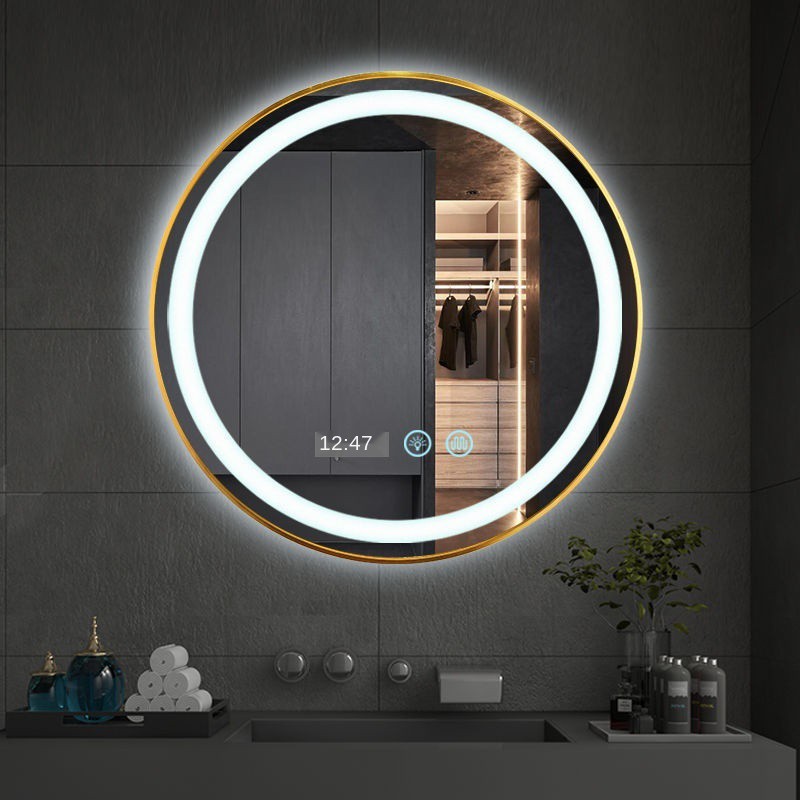 ❐⊙Gương phòng tắm thông minh chống sương mù phong cách Bắc Âu khung tròn nhôm có đèn led với trang điểm nhẹ treo