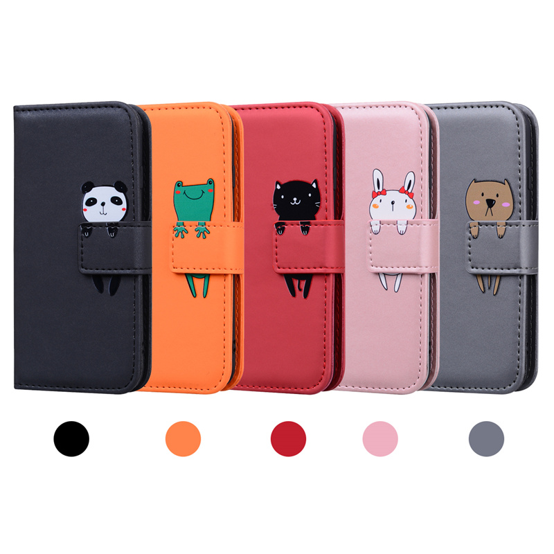 Cartoon Animals Casing IPhone 12 11 Pro Max Mini 7 8 Plus SE2 Flip Leather Case Cute Cat Card Slot Wallet Soft Shell