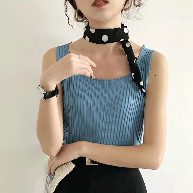 Women's Square Collar Sleeveless Knitted Crop Tank Top | BigBuy360 - bigbuy360.vn
