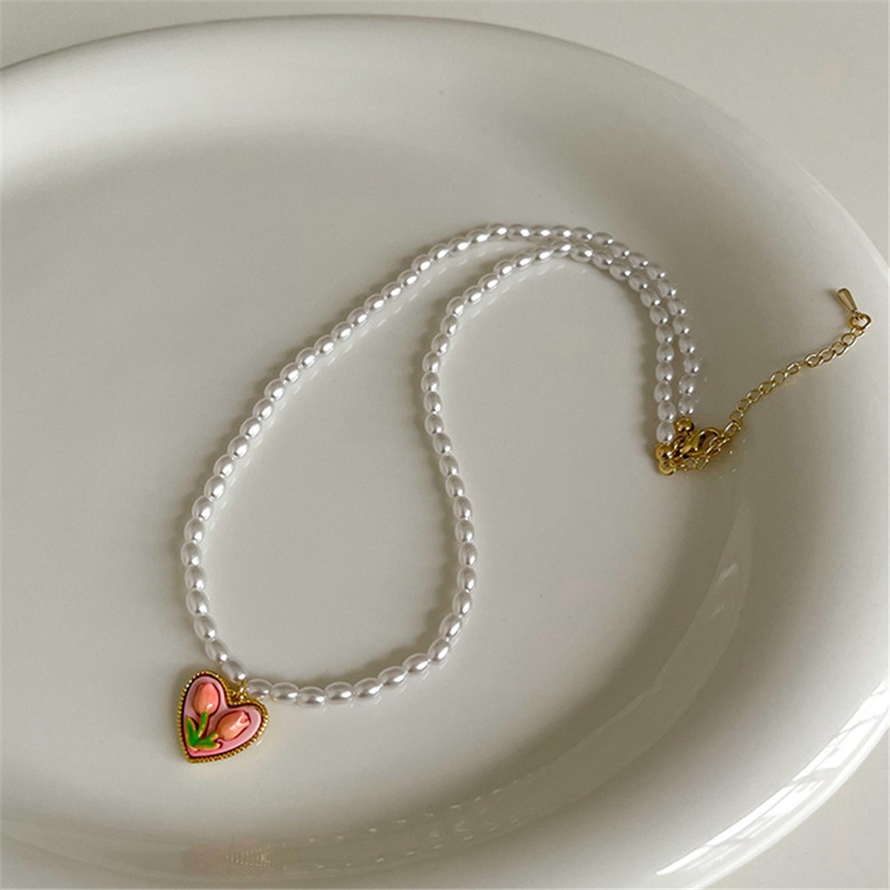 Vòng cổ Mặt Hoa Tulip Đính Ngọc Trai Thanh Lịch