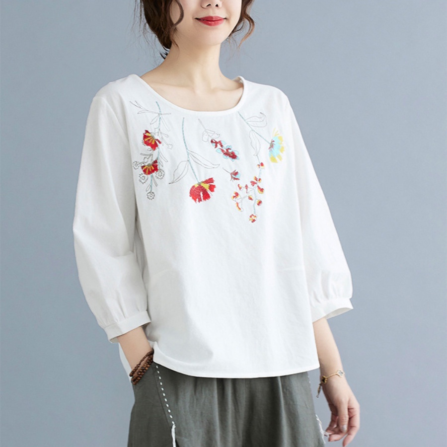 Áo Linen Thêu Thiều Hoa trung niên cao cấp K0211