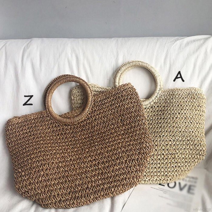 Túi cói mềm Bucket đeo vai - hình chậu - quai xách tròn - dây rút - phong cách Vintage