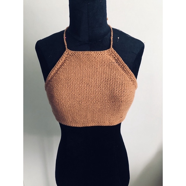 Áo croptop áo yếm len móc handmade nâu tây thắt dây lưng