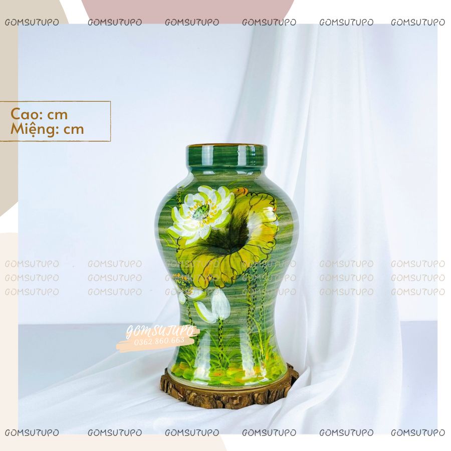 Lọ Hoa Vẽ Hoa Sen, Cúc Trắng - Bình Hoa Decor Để Bàn Trang Trí gomsutupo - Gốm Sứ TUPO Bát Tràng