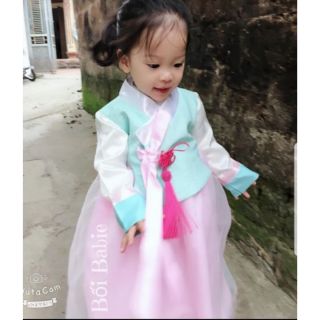Bộ Hanbok bé gái gấm xanh ngọc